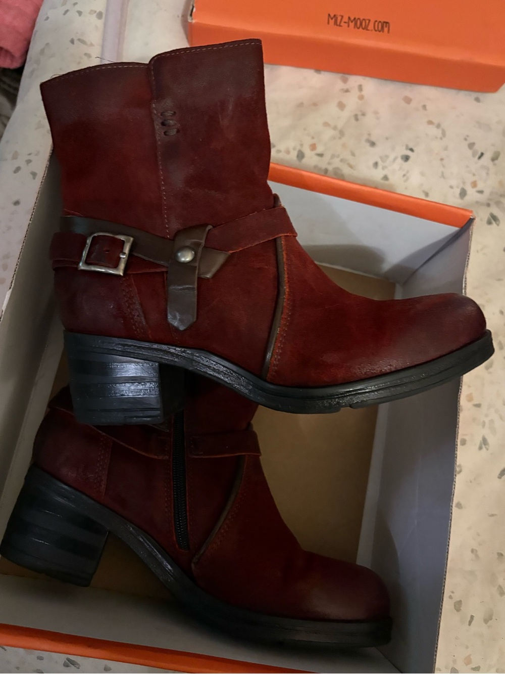 Miz Mooz Red-Burgundy Suede Ankle Boots with Buckle Strap